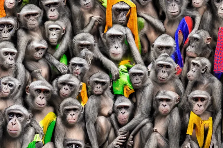 Image similar to Contamporary art fashion photography of ultra mega super hyper realistic detailed group of ultra mega super hyper realistic detailed monkey's in detailed colourful sport suits . Photo shot from 30m distance on ultra mega super hyper Leica Q2 Camera, Rendered by DaVinci Resolve