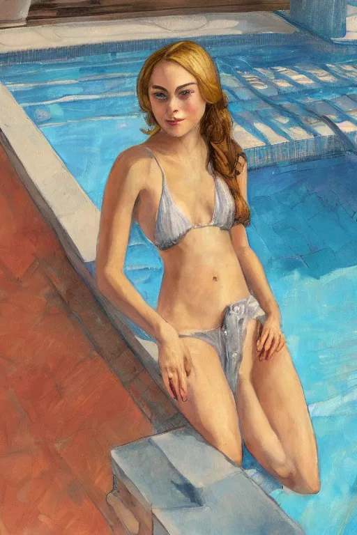 Prompt: portrait of courtesan annasophia robb, at a pool, highly detailed, artstation, illustration, John Singer Sargant, Diebenkorn