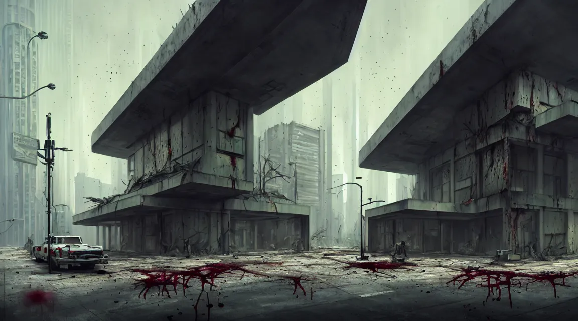 Image similar to post apocalyptic police station, building, avenue, extremely detailed, sharp focus, modern architecture, contemporary architecture, americana architecture, concrete architecture, tar roads, by pascal blanche, greg rutkowski, shaddy safadi, neil blevins, trending on artstation, high quality, photorealistic, wild vegetation, blood stains on walls, 4 k resolution blade runner