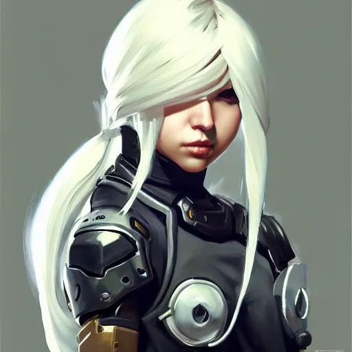 Prompt: greg manchess portrait painting of a 2 yorha type a no. 2 as overwatch character!!, white long hair, organic painting, trending on artstation, by huang guangjian and gil elvgren and sachin teng