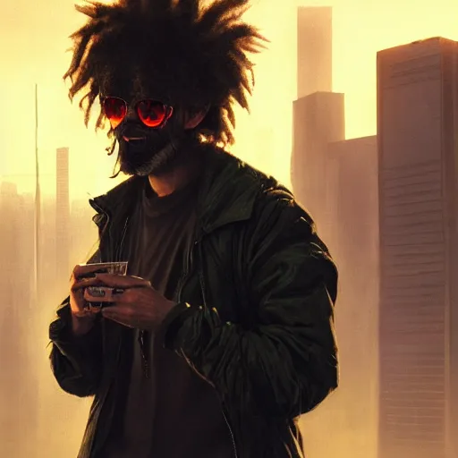 Prompt: cyberpunk, closeup portrait of a shaggy cyberpunk hacker, cigarette in mouth, dramatic light, city background, sunset, dystopian setting, high contrast, sharp, neuromancer, painted by stanley lau, painted by greg rutkowski, painted by stanley artgerm, digital art, trending on artstation