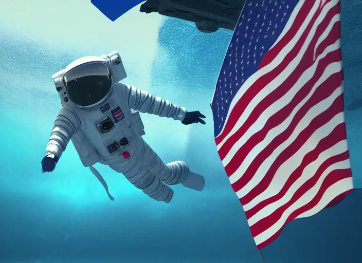 Image similar to astronaut underwater putting a flag on the bottom of the ocean. in the background, a submarine is visible. digital art, blender, photorealistic, octane render, 8 k, volumetric lighting, trending on artstation