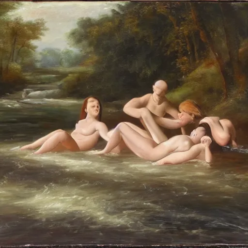 Prompt: The conceptual art depicts four bathers in a stream or river, with two men and two women. The bathers are shown in different positions, with one woman lying down and the other three standing. The conceptual art has a very naturalistic style, with trademark use of bold colors and brushstrokes. The overall effect is one of a peaceful scene, with the bathers enjoying the refreshing water. cool orange by Philip Treacy, by David Burliuk, by Mary Blair