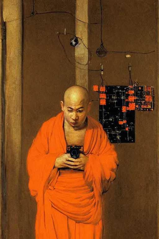 Image similar to portrait of a techno monk in orange robes with wires and circuit boards coming out of his face by francisco goya