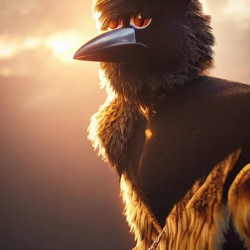 Prompt: Crow Fur-suit at furry convention, photo, center composition, golden hour, hyperrealistic, beautiful detailed intricate insanely detailed octane render trending on Artstation, trending on DeviantArt, 8K artistic photography, photorealistic, dramatic volumetric cinematic perfect light, award-winning photograph, masterpiece,