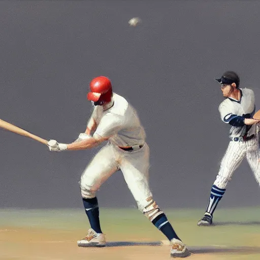 Image similar to baseball player hitting the ball with the baseball bat in the middle of the game and in front of everyone in the stadium, james gurney painting style, greg rutkowski, artstation