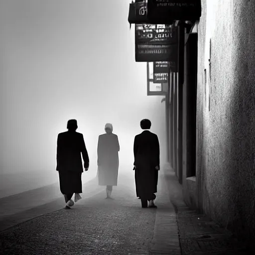 Prompt: people with modern european formal cloting going to their office walking on wide side road,modern san francisco,misty morning with long shadows,fan ho photography