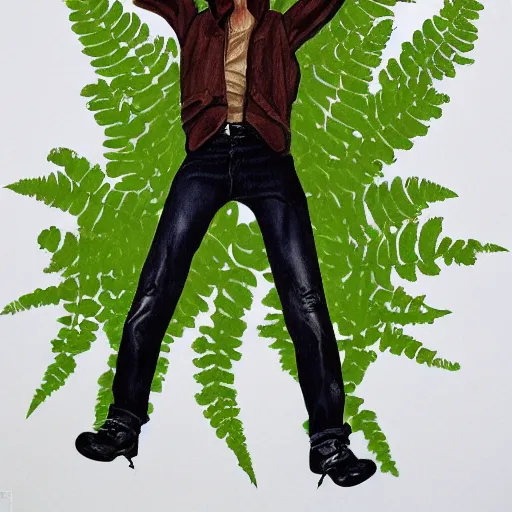 Image similar to fern green by ed brubaker rigorous, fine. installation art. a man with a large head & a small body is floating in the air, his arms & legs flailing. his clothes are tattered & he has a wild look in his eyes.