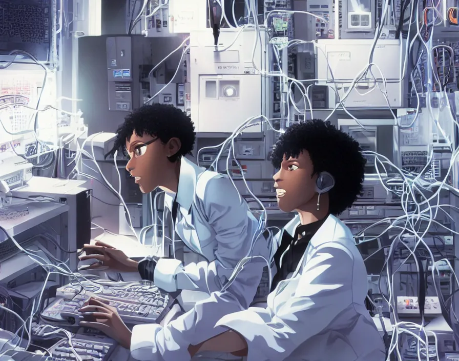 Prompt: dark skin woman wearing a white lab coat with a blue haircut, connected to wires, surrounded by 1 9 8 0 s computers, in the style of serial experiments lain and 9 0 s anime, dynamic lighting, dark ambience, cell - shaded, detailed face, retro tech