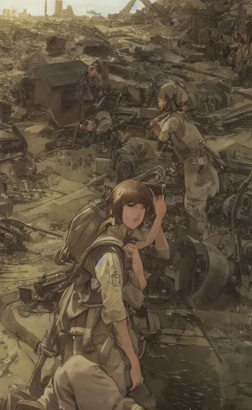 Prompt: manga, modern warfare, panoramic view of a girl under artillery fire, trench and sandbags in background, soldier clothing, long hair, hair down, symmetrical facial feature, from arknights, wallpaper, trending pixiv, safebooru, volumetric lighting, by alphonse mucha, greg rutkowski, sharp focus, backlit