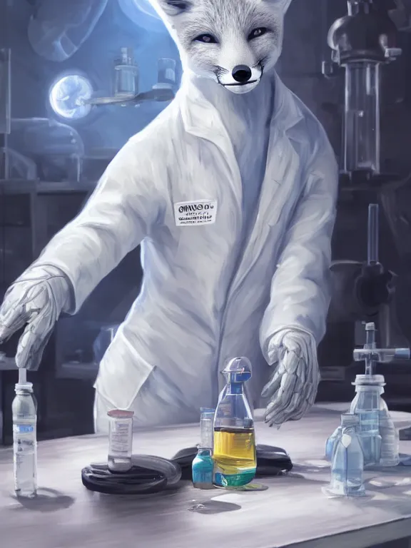 Image similar to a humanoid fox wearing a scientist white coat, chemicals on a white table in front of the fox, digital art, digital painting, masterpiece, anatomically correct, five fingers, cinematic, high coherence, realistic, high quality, highly detailed, 8 k, dramatic lighting, path traced, centered, high definition