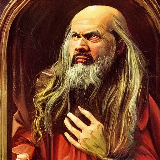Image similar to Oil portrait of a magical evil cleric, renaissance style, by Stephen Youll