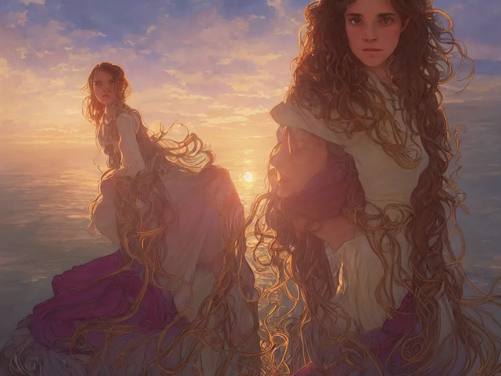 Image similar to hermione granger with hogwarts as background at sunset, highly detailed, gold filigree, romantic storybook fantasy, soft cinematic lighting, award, disney concept art watercolor illustration by mandy jurgens and alphonse mucha and alena aenami, pastel color palette, featured on artstation