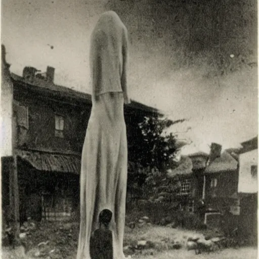 Image similar to scary unproportionally tall ghost creature in the middle of a village, 1900s picture