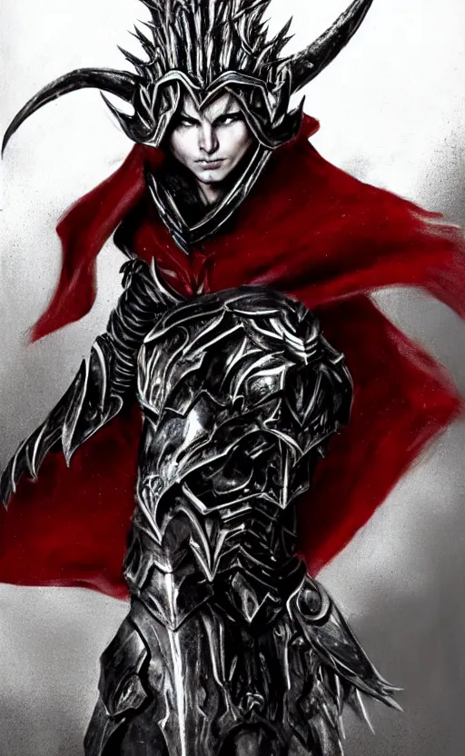 Image similar to A male elf, 20 years old, short silver hair, red eyes, wearing a spiked black metal crown, black heavy armor with gold trim, and a red cape, lean but muscular, attractive, command presence, royalty, weathered face, smooth, sharp focus, illustration, concept art, highly detailed, muscle definition, fantasy paitning, ArtStation, ArtStation HQ