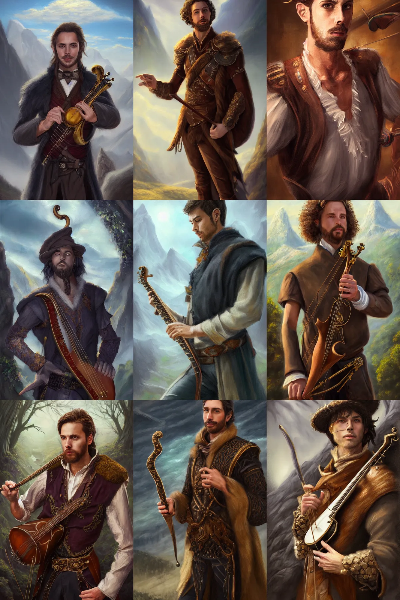 Image similar to a full body high detail fantasy portrait oil painting illustration of a single elegant male bard by justin sweet with face and body clearly visible, in a scenic background, visible pupils, realistic proportions, d & d, rpg, forgotten realms, artstation trending, high quality, sombre mood, artstation trending, muted colours, entire person visible!