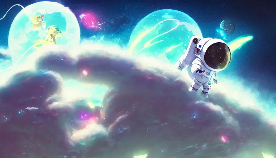 Image similar to a still of a cute kawaii astronaut android riding a large neon kaiju dragon, a detailed and dynamic outer space bsckground, a dramatic composition by wlop and greg rutkowski and makoto shinkai and studio ghibli and kyoto animation cute bubbly clothing, highly detailed, digital painting, matte