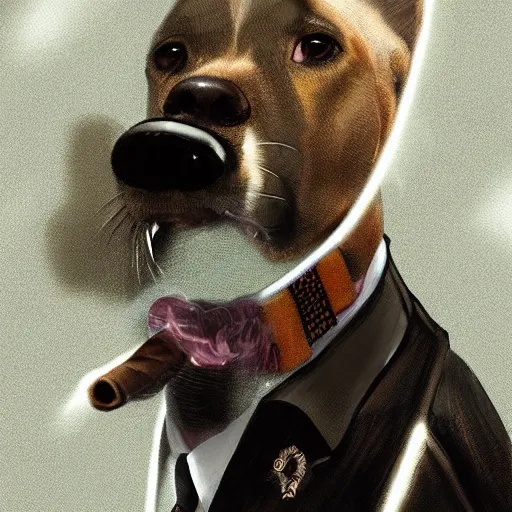 Image similar to a dog wearing a business suit smoking a cigar, dramatic lighting, cinematic, establishing shot, extremly high detail, photorealistic, cinematic lighting, concept art, artstation, style by greg rutkowsky