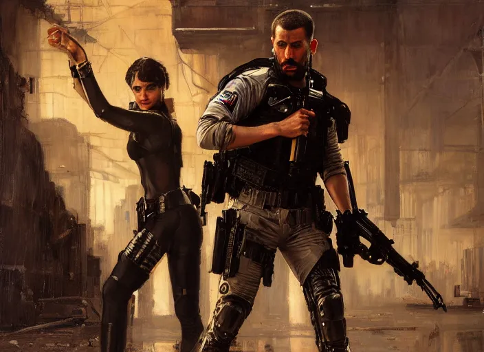 Image similar to sophia evades sgt Nash. Cyberpunk thief wearing combat vest escaping menacing police troopers (blade runner 2049). Gorgeous face. Iranian orientalist portrait by john william waterhouse and Edwin Longsden Long and Theodore Ralli and Nasreddine Dinet, oil on canvas. Cinematic, hyper realism, realistic proportions, dramatic lighting, high detail 4k