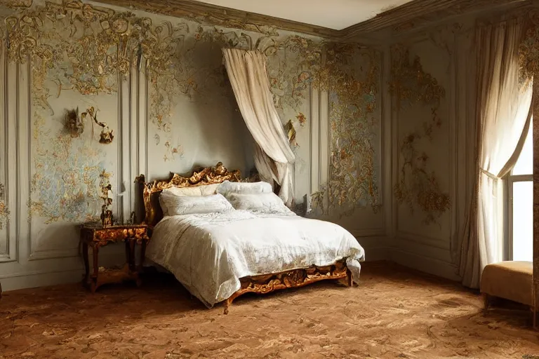 Prompt: dark dreamy modern rococo chinoiserie bedroom, chiaroscuro shadows, soft focus cinematic still