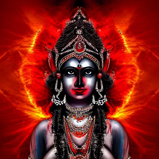 Image similar to beautiful Hindu goddess of the dark with veil, in darkness, cover with a lot of red water, horror terrifying, surreal realistic, hyper details, full HD, 8k!