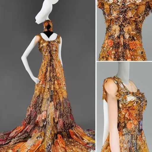 Image similar to exclusive evening dress made of bronze transparent fabric fantasy with colored flower petals made of fabric. intricate asymmetrical patterns. an elegant hat. hyperrealistic photos, clear details.