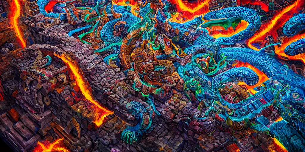 Prompt: Quetzalcoatl the feathered serpent deity hovering above a giant mayan temple by Liam Wong and Boris Vallejo, stone carving, colorful, glyphs, rocket, wall of a tomb, highly details, realistic, cinematic lightning, medium shot, mid-shot, highly detailed, trending on artstation, Unreal Engine 4k