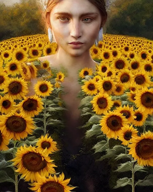 Prompt: Goddess of Summer, yellow-eyes!!!!!!!!!!, sunflowers, gorgeous portrait, intricate, elegant, volumetric lighting, scenery, digital painting, highly detailed, artstation, sharp focus, illustration, concept art, ruan jia, steve mccurry
