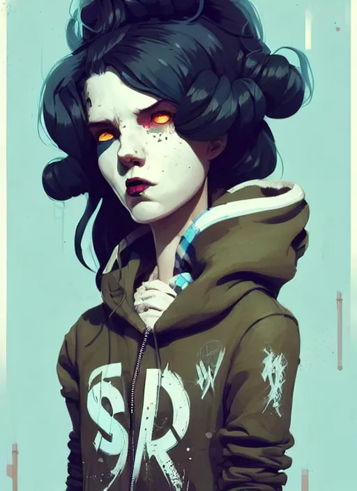 Image similar to highly detailed portrait of a sewer punk lady, tartan hoody, ringlet hair by atey ghailan, by greg rutkowski, by greg tocchini, by james gilleard, by joe fenton, by kaethe butcher, gradient light blue, black, cream and white color scheme, grunge aesthetic!!! ( ( graffiti tag wall background ) )