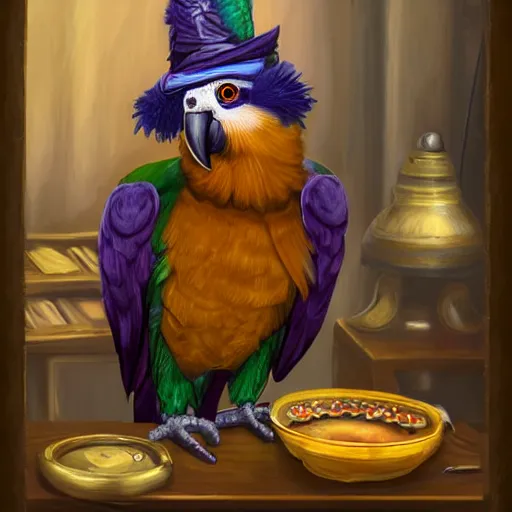 Image similar to Anthropomorphized parrot trader in his shop, portrait, items, weapons, magic potions, trinkets, carpet, lamps, window, fancy hat, sly expression, cunning expression, cute expression, long thick shiny black beak, D&D, fantasy, cinematic lighting, highly detailed, digital painting, artstation, concept art, smooth, sharp focus, illustration, warm light, cozy warm tint, magic the gathering artwork, volumetric lighting, 8k, art by Akihiko Yoshida, Greg Rutkowski