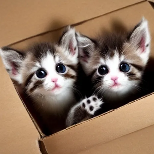 Prompt: cute fuzzy kittens in a cardboard box starting up at you with huge eyes, adorable, pixar