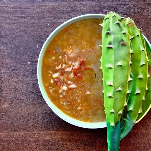 Prompt: nopal growing out of pozole