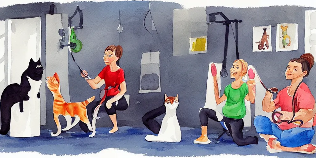 Image similar to watercolor illustration style, cute cat trainer training other cats in the fitness studio environment