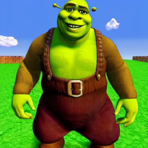 Prompt: shrek wearing clothes as a character in super mario 6 4