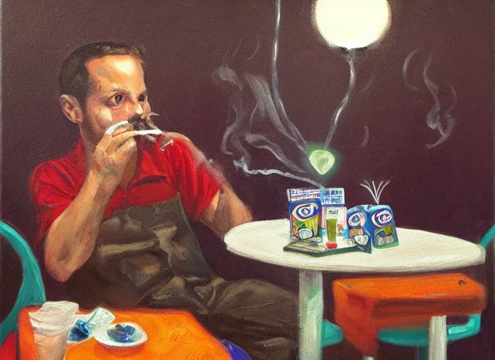 Prompt: chuck e cheese, depressed smoking cigarette at small table lit by a single hanging lightbulb, dark subconscious painting