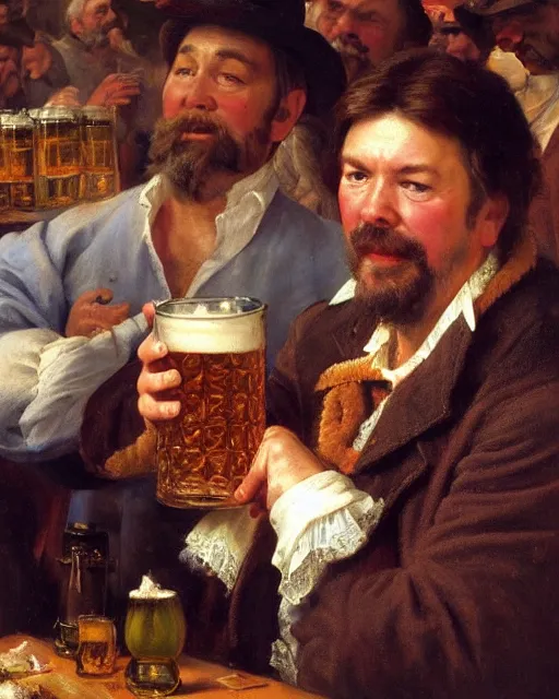 Image similar to a painting of jonathan frakes holding a mug of beer at the oktoberfest, a detailed painting by konstantin makovsky and by jan matejko and by nikolay makovsky, shutterstock contest winner, german romanticism, detailed painting, oil on canvas, wimmelbilder