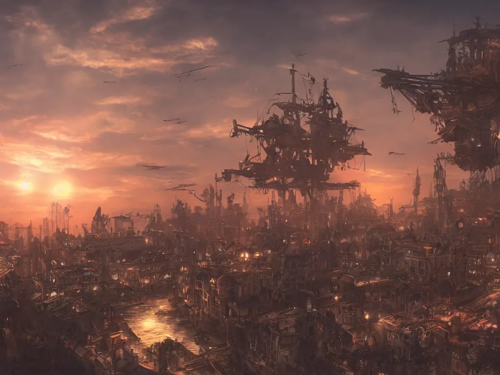 Prompt: a steampunk city, sunset, sky-ships in the sky, clear skies in the distance, hyperreal, artstation