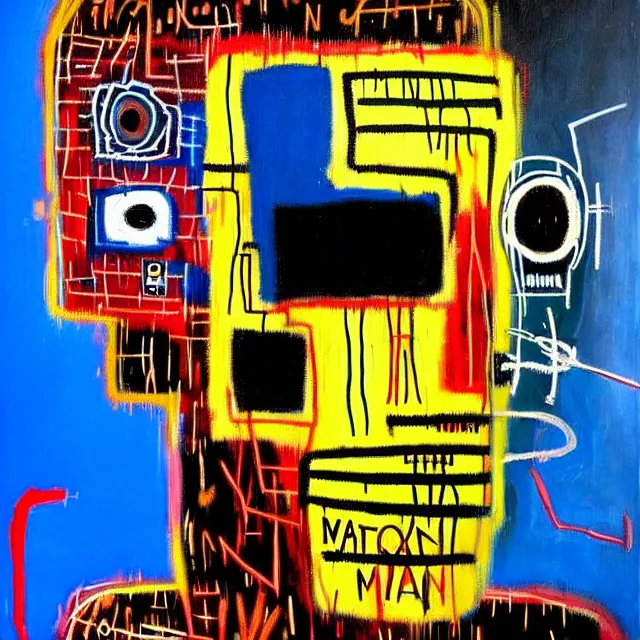 Prompt: a beautiful painting cyberpunk robot jean michel basquiat face, by salvador dali realistic oil painting