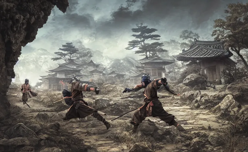 Image similar to highly detailed digital illustration of two shinobi warriors running through old, ruined, japanese village from sengoku period, surrounded by dense rock formations, high in mountains, cinematic lighting, photobash, raytracing, volumetric lighting