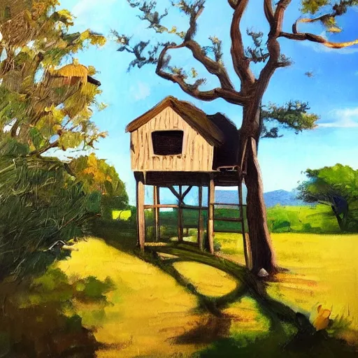 Image similar to treehouse in the countryside on a sunny day, peaceful, dreamy, brush strokes, oil painting