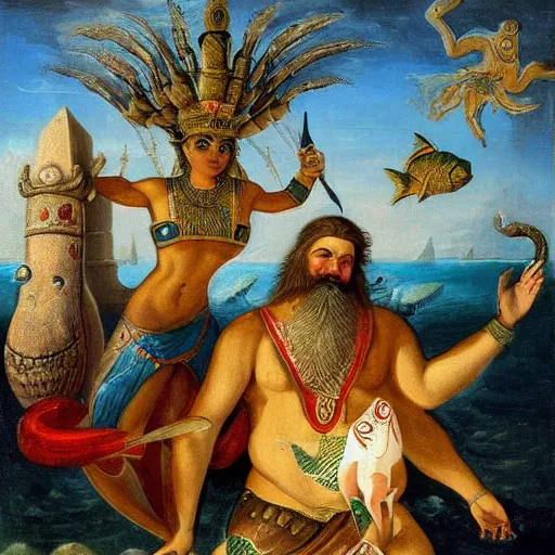 Image similar to The performance art shows a mythological scene. A large, bearded man is shown seated on a throne, surrounded by sea creatures. He has a trident in one hand and a shield in the other. Behind him is a large fish, and in front of him are two smaller creatures. Ancient Egyptian, azure by John Wilhelm, by William Gropper haunting