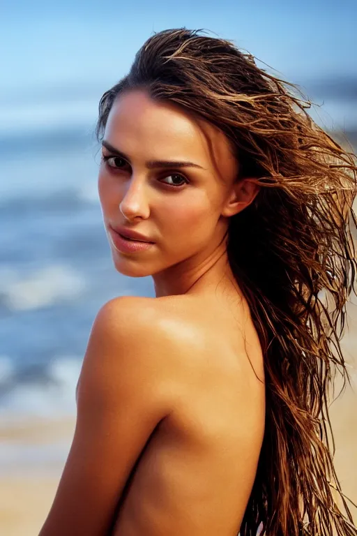 Image similar to a photo of a girl half Nathalie Portman half Jessica Alba at beach, portrait at beach in bikini, 3/4 view, amber eyes, a shy face, the sea in the background, Refined, Detailed professional photo, 50mm lens, Canon eos, soft an diffuse lights, autumn light, sea blurry distant background, Highly Detailed, Cinematic Lighting, 8k, HD