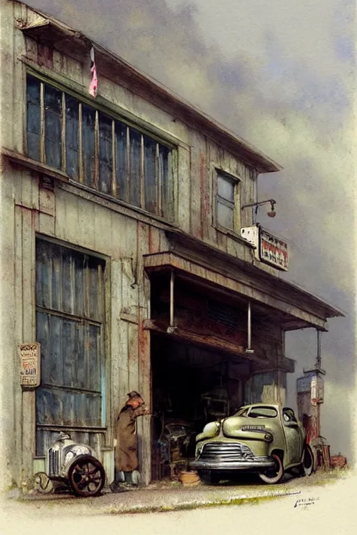 Image similar to (((((1950s small town mechanics shop with car out front. muted colors.))))) by Jean-Baptiste Monge !!!!!!!!!!!!!!!!!!!!!!!!!!!