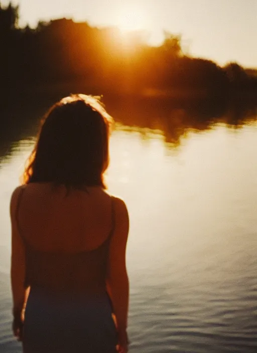 Image similar to a 2 8 mm holga photo from the back of a woman at the edge of a lake, splash art, movie still, bokeh, canon 5 0 mm, cinematic lighting, dramatic, film, photography, golden hour, depth of field, award - winning, anamorphic lens flare, 8 k, hyper detailed, 3 5 mm film grain