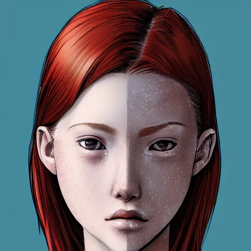 Image similar to a comic portrait of a red haired teenager girl, fine - face, realistic shaded perfect face, freckles, fine details, day setting. realistic shaded lighting poster by eric - anthony johnson and kentaro miura style, trending on art station