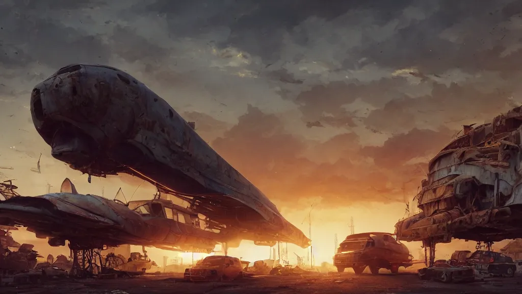 Prompt: a Photorealistic hyperrealistic render of a gigantic spaceship landing at a Junkyard full of weathered vehicles by PIXAR,Greg Rutkowski,Nicolas Bouvier SPARTH,James Paick,WLOP,Artgerm,dramatic moody sunset lighting,long shadows,Volumetric, cinematic atmosphere, Octane Render,Artstation,8k