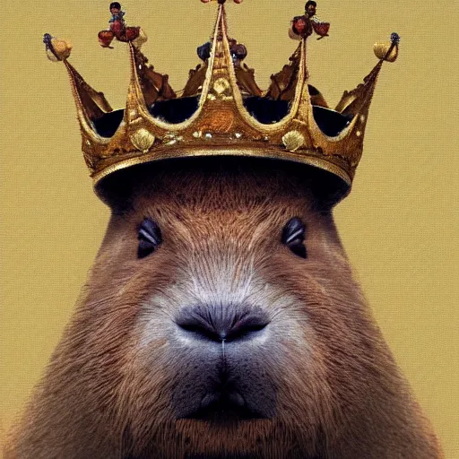 Prompt: a portrait of a capybara in a palace wearing a crown, oil painting, art station, concept art, 4k, 8k