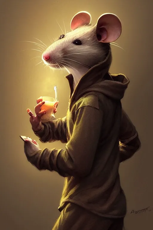Image similar to ultra realistic illustration, an anthropomorphic rat dressed in pajamas, comfy, highly detailed, digital painting, concept art, smooth, sharp focus, art by artgerm and greg rutkowski and alphonse mucha