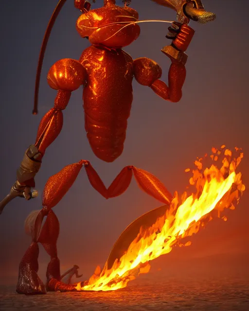 Image similar to an anthropomorphic fire ant fighting with a gun and a sword. Sharp focus, fantasy style, volumetric lighting, 8K hidg definition, highly detailed, trending on artstation