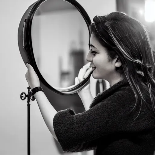 Image similar to a woman is taking a selfie in a mirror, a picture by bouchta el hayani, pexels contest winner, tachisme, hd, shiny eyes, dark